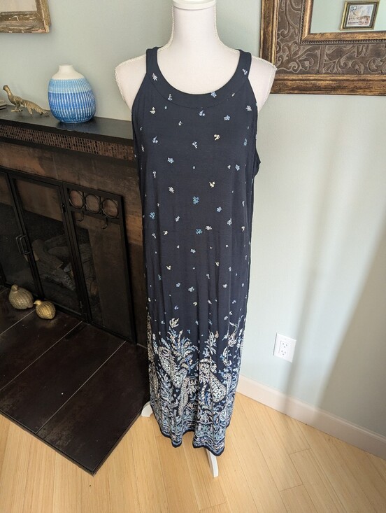 J. Jill Dresses & Skirts - J.Jill Women's Large Paisley Floral Sleeveless Maxi Dress Navy Blue Jersey Knit